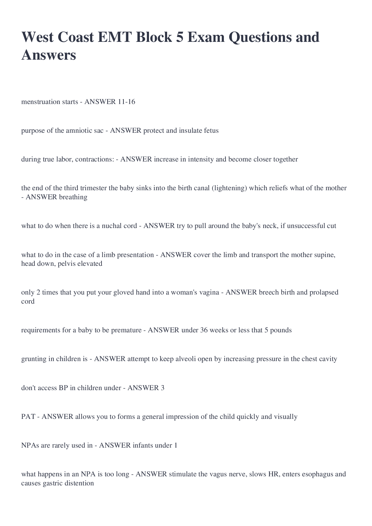 West Coast EMT Block 5 Exam Questions and Answers Browsegrades